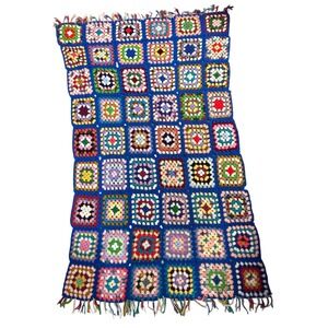 Granny Square Blanket Blue multicolor 73" x 47" Fringe Throw Blanket Vintage